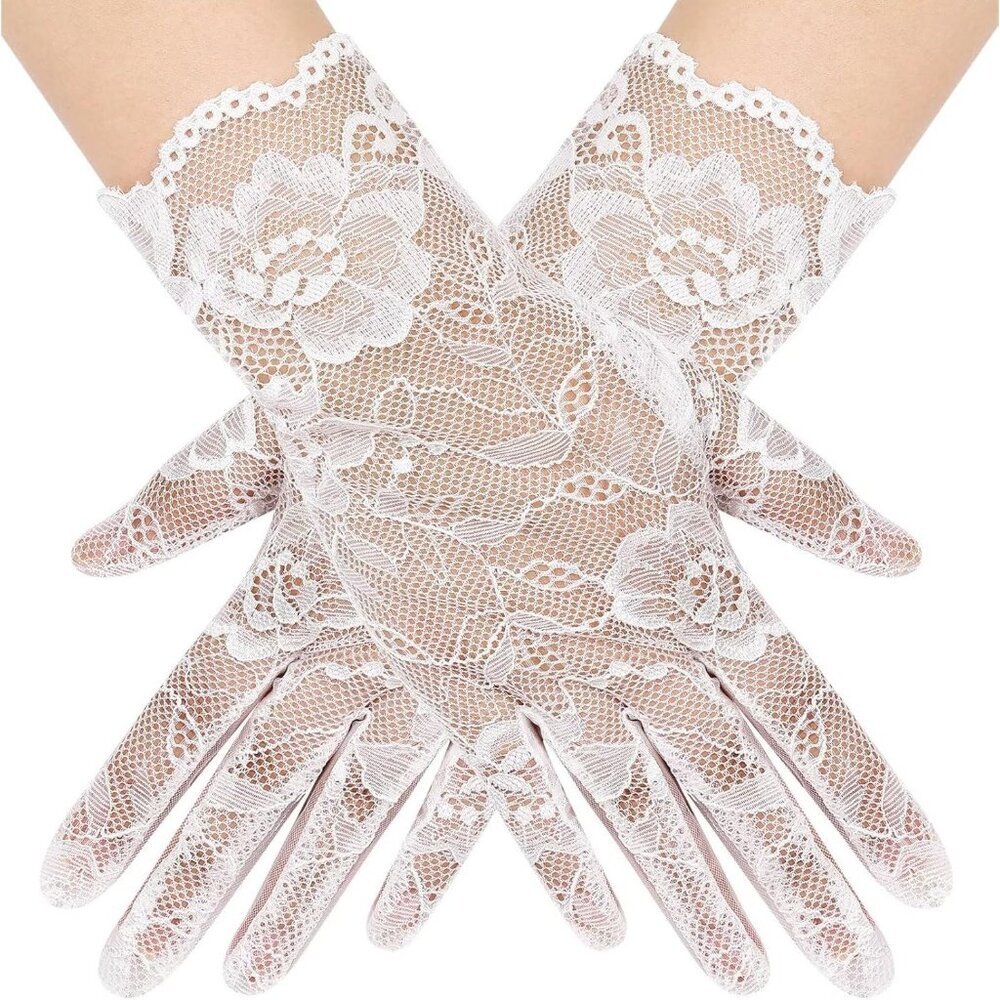 Women's Lvory 04 Floral Short Length Lace Tulle Mesh Wrist Wedding Party Gloves
